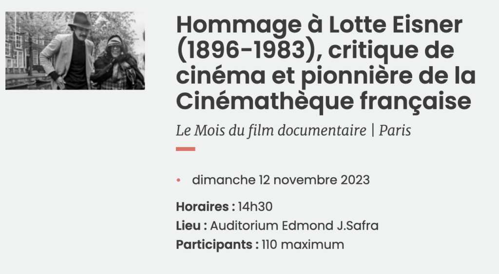 12 novembre : Lotte Eisner : rencontre au Mémorial de la Shoah